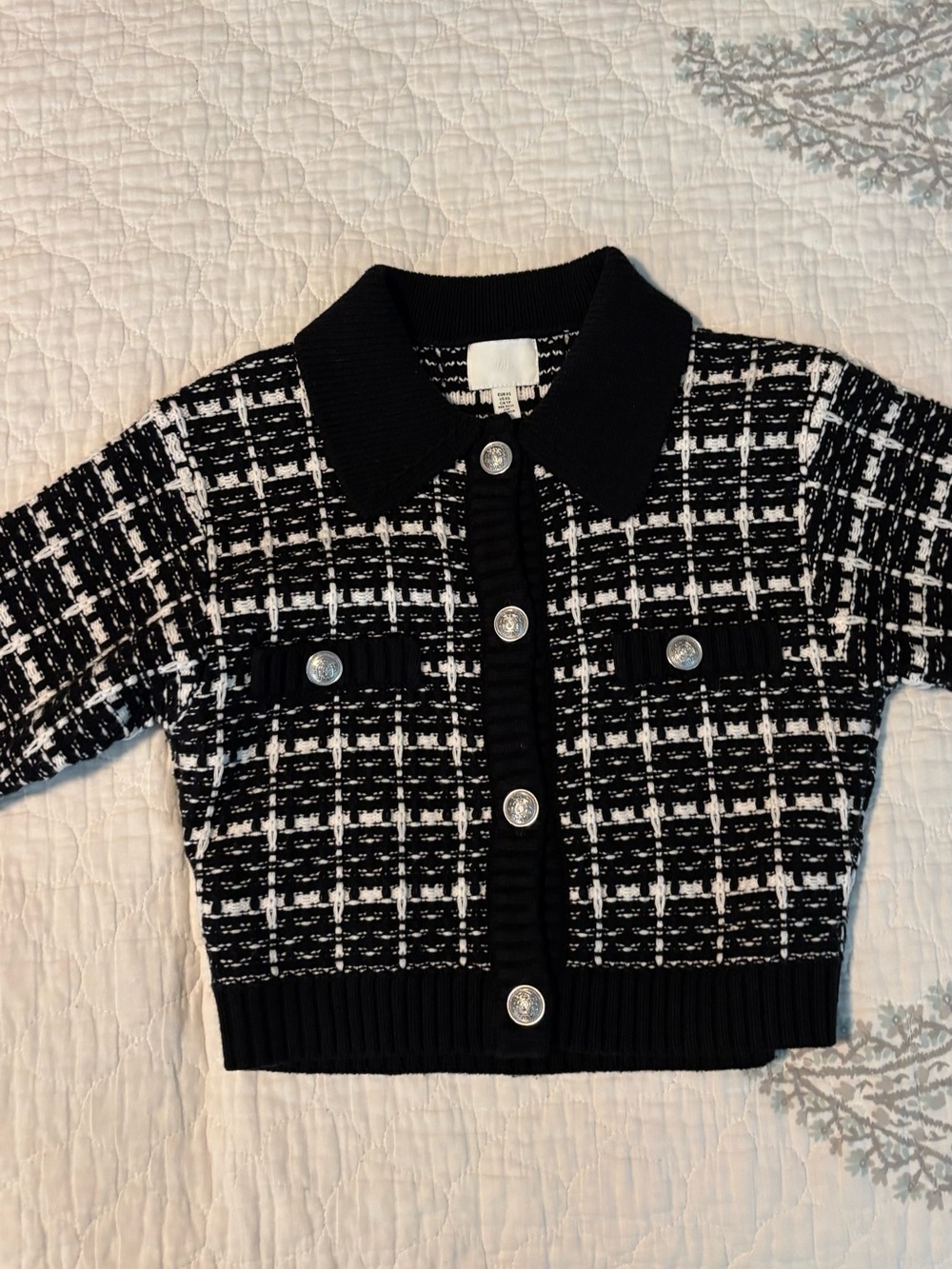 H&M Black & White Tweed Knit Polo Cardigan